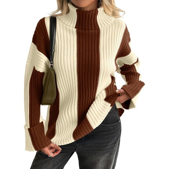 Women’s Color Block Turtleneck Sweater Oversized Casual Fall Dress - Picture 2 of 5